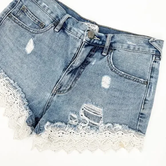 Free People Lace Crochet Trim Cut-Off Distressed Boho Denim Shorts Size 25 - Picture 10 of 10